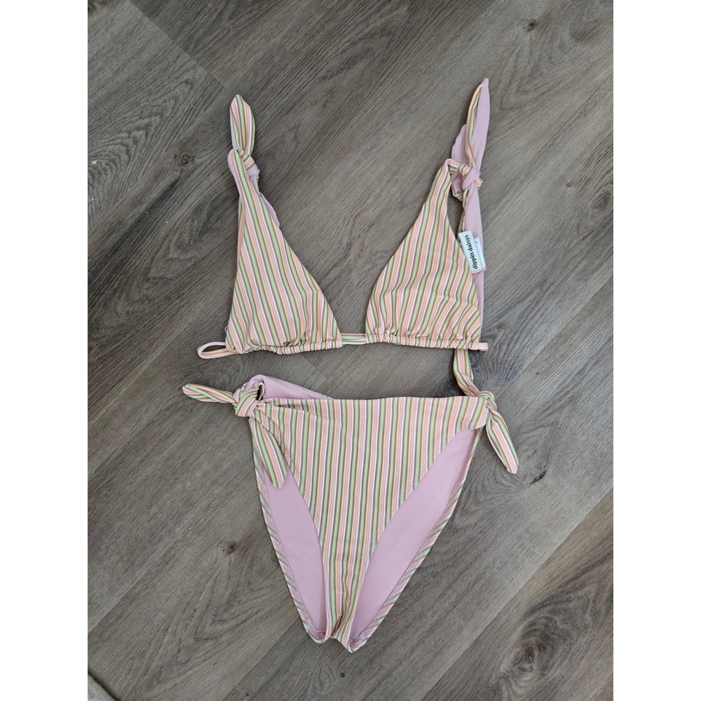 Dippin Daisys Women Pink Green Striped Triangle Tie High Cut Bikini Set Medium